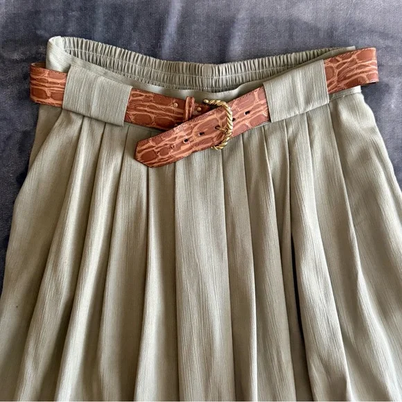 Vintage Belted Pleated Midi Skirt 16 Olive Green Pull On 90's Old Money Academia - Picture 3 of 10